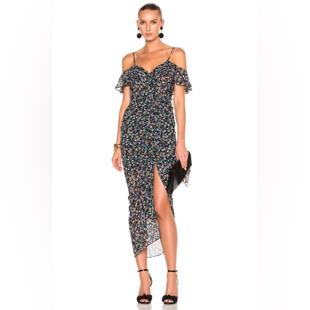 VERONICA BEARD Marilyn Black Multi Floral Cold Shoulder Ruffle Midi Dress NWT 2